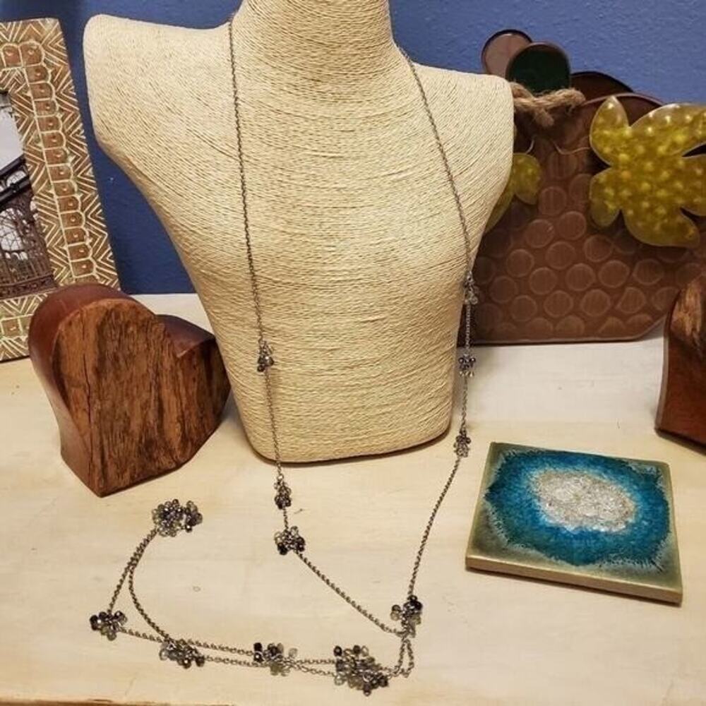 Coldwater Creek Gunmetal Long Beaded Necklace Grey Iridescent Navy Cluster